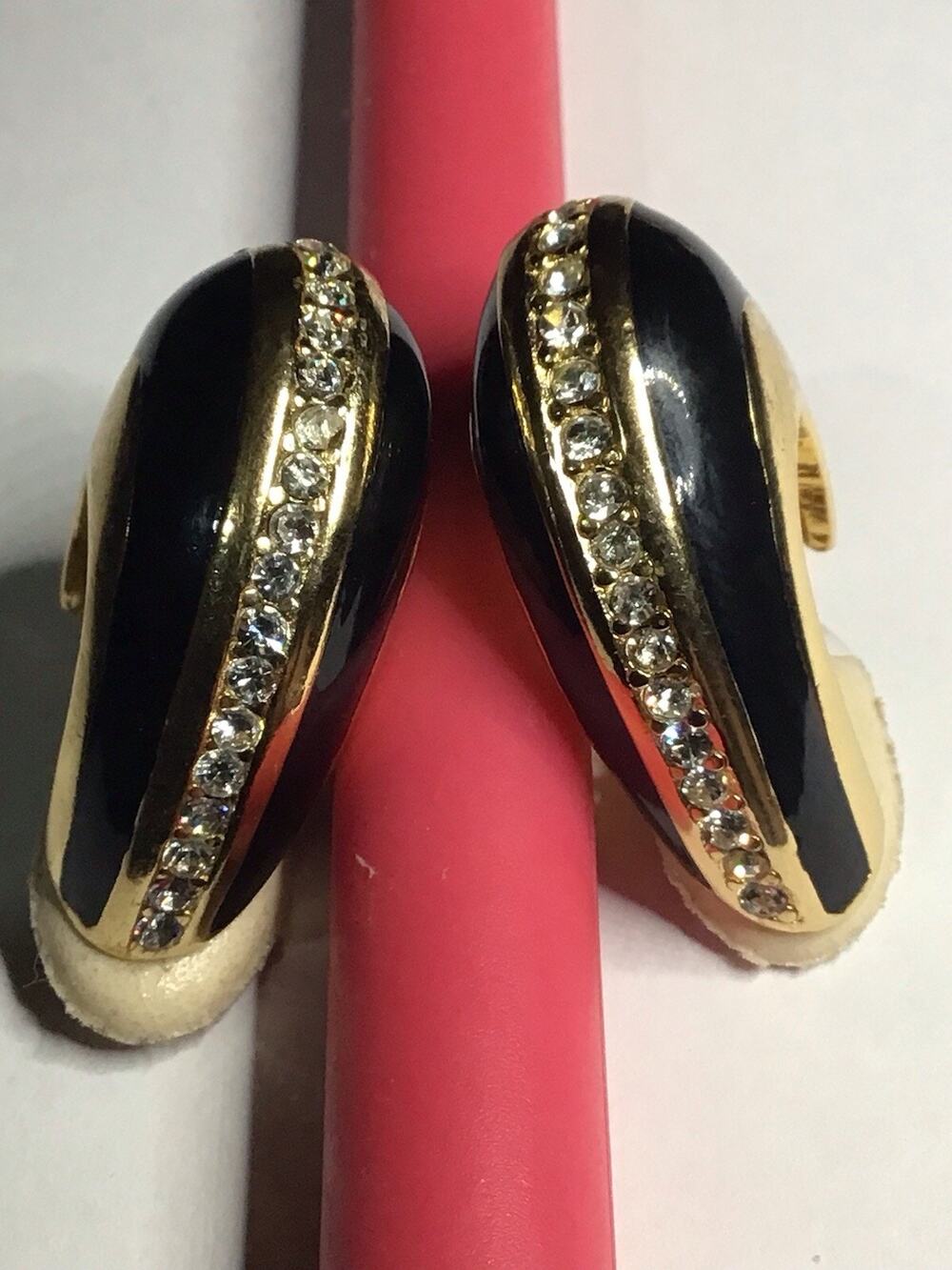 Vintage Christian Dior Gold Tone Rhinestone Crystal Huggie Clip On Earrings